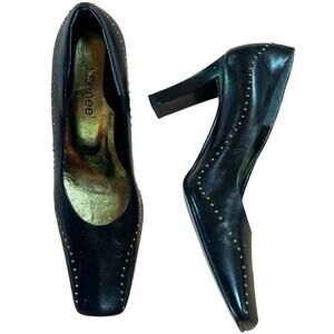 J. Renee Studded Black Leather Pump Heels Women's 6.5M Square Toe Block Heel